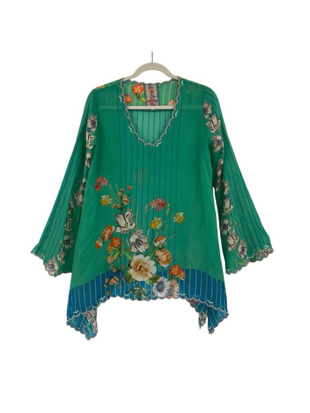 Johnny Was Stella Flare Sleeve Cupra Green Floral Blouse Size XS Oversized